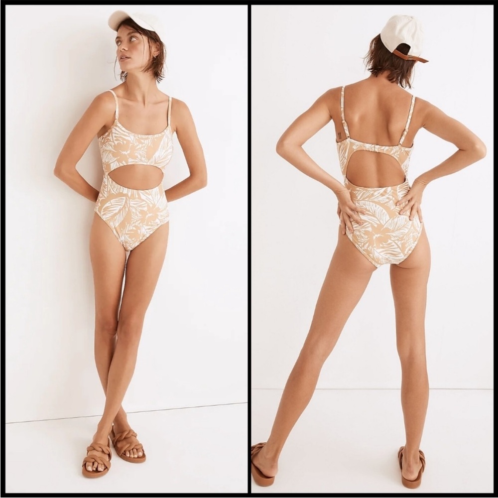Madewell Tan & White Palm-Print Cutout One-Piece Swimsuit